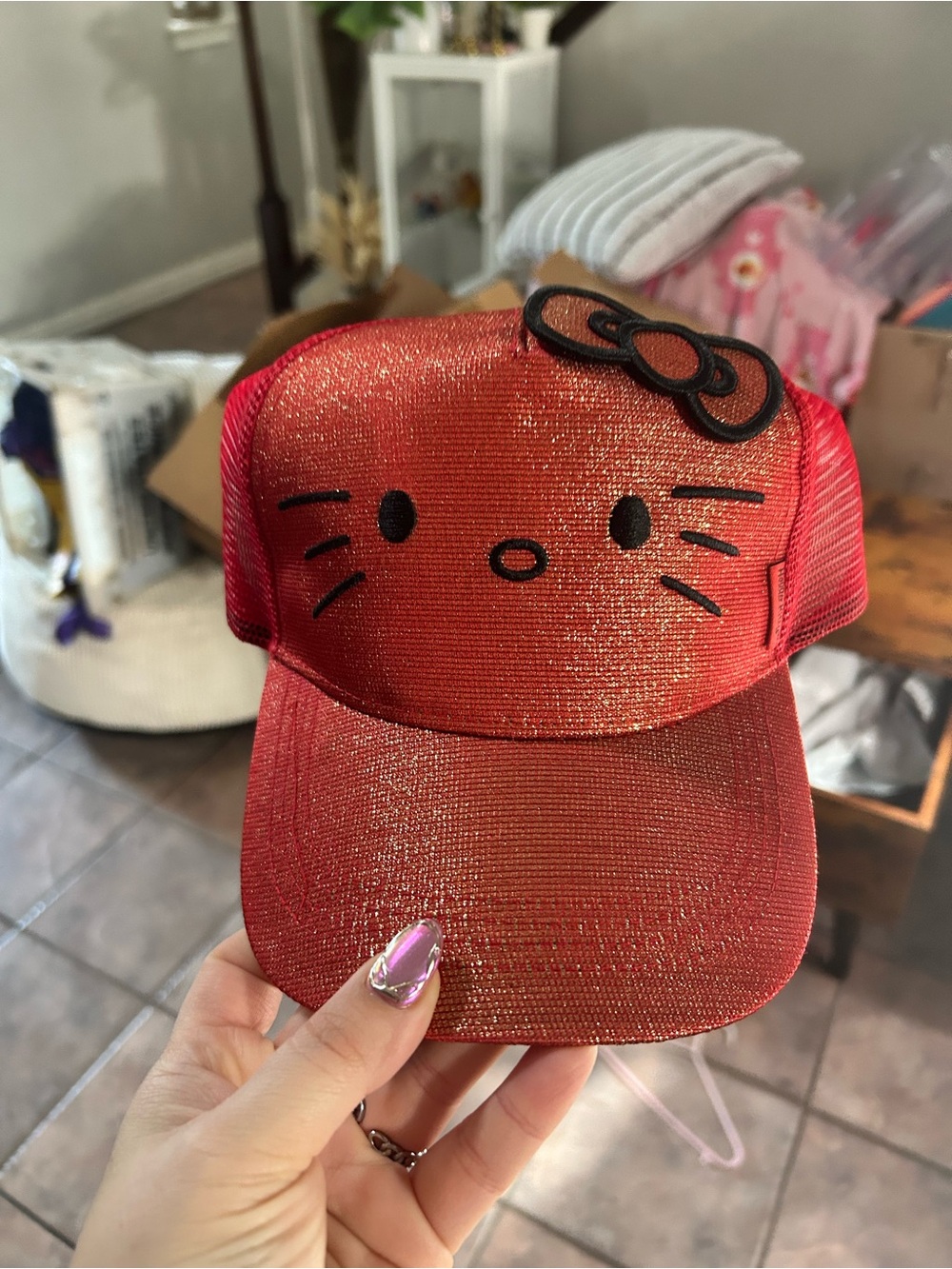 Hello Kitty Sparkling Red Mesh Cap with Black Bow